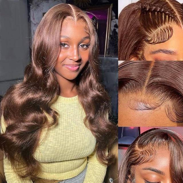 ALIGLOSSY 13x4 Chocolate Brown Body Wave Wig 180 Density HD Transparent Wavy Human Hair Wigs