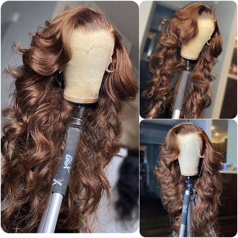 ALIGLOSSY 13x4 Chocolate Brown Body Wave Wig 180 Density HD Transparent Wavy Human Hair Wigs