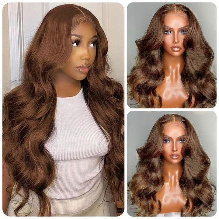 ALIGLOSSY 13x4 Chocolate Brown Body Wave Wig 180 Density HD Transparent Wavy Human Hair Wigs