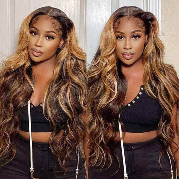 ALIGLOSSY 13x4 HD Lace Front Highlight P4/27 Body Wave Human Hair Wig