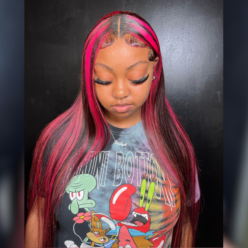 ALIGLOSSY 1B Burgundy Highlight 13x4 Straight Lace Front Wigs HD Transparent Lace Frontal Wigs