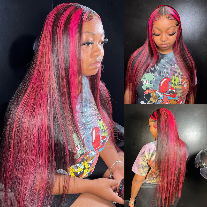 ALIGLOSSY 1B Burgundy Highlight 13x4 Straight Lace Front Wigs HD Transparent Lace Frontal Wigs