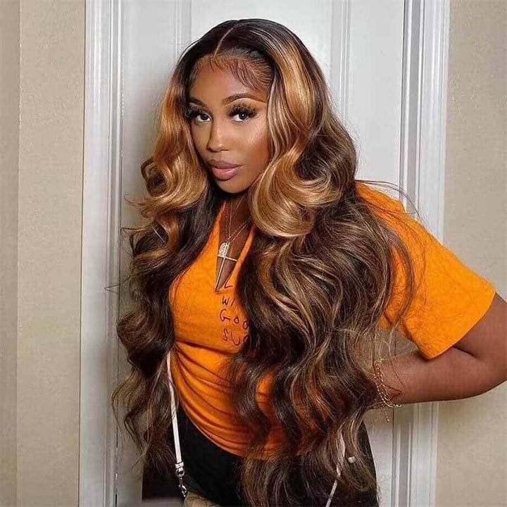 ALIGLOSSY 13x4 HD Lace Front Highlight P4/27 Body Wave Human Hair Wig