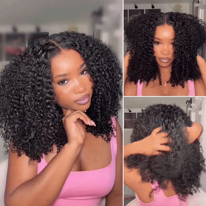 10 Inch Length Wear Go Glueless Short Bob Kinky Curly Human Hair Wig 200% Density