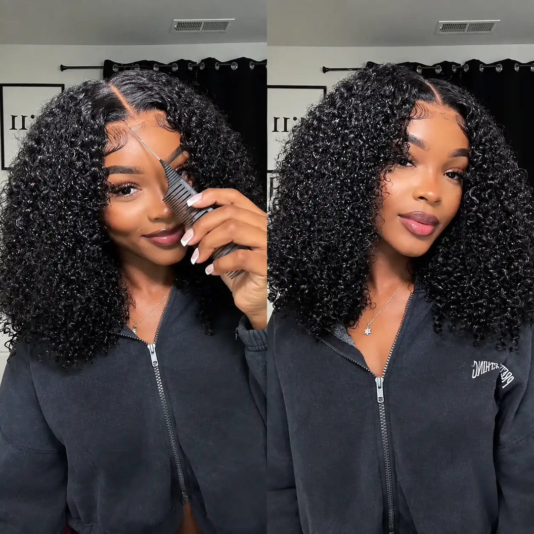 12 Inch Length Wear Go Glueless Short Bob Kinky Curly Human Hair Wig 200% Density