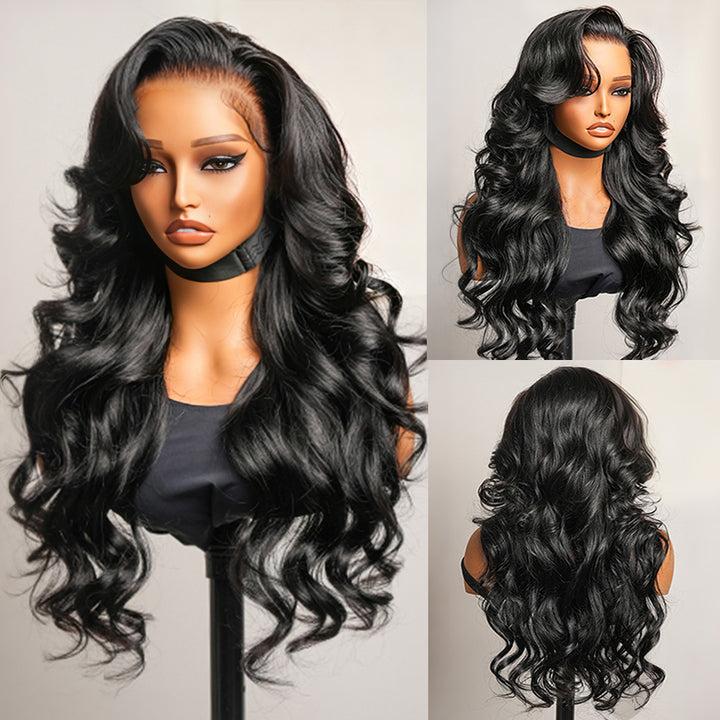 13 by 4 13 by 6 Glueless layered loose wave lace front wig with curtain bangs for easy daily wear