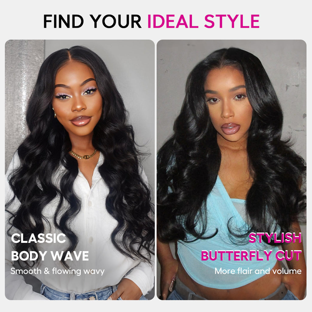 13 by 4 13 by 6 Natural black loose wave layered wig with trendy curtain bangs and invisible lace