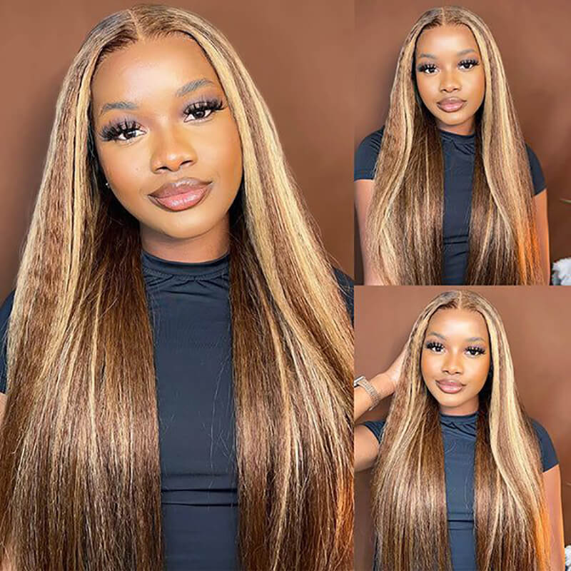 13x4 13x6 HD lace front straight wig, P4/27 Highlight human hair