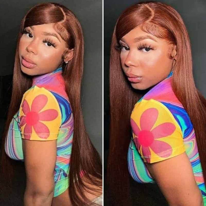 13x4 4x4 HD lace front straight wig, #33 Reddish Brown premium human hair