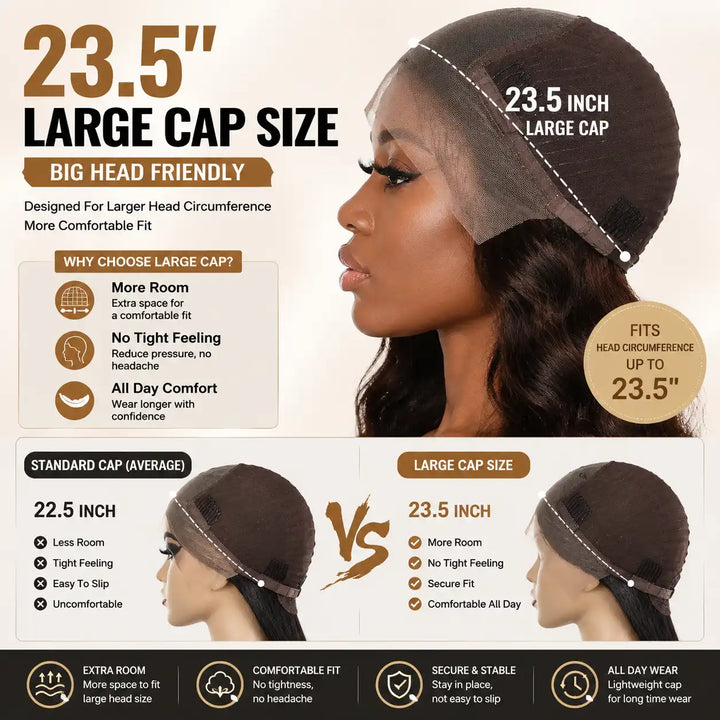 13x4 Body Wave Lace Front Wig Large Cap Size Big Head Friendly Natural Human Hair