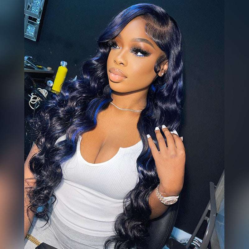 13x4 HD Lace Front Human Hair Wig With Blue Highlights Loose Deep Wave