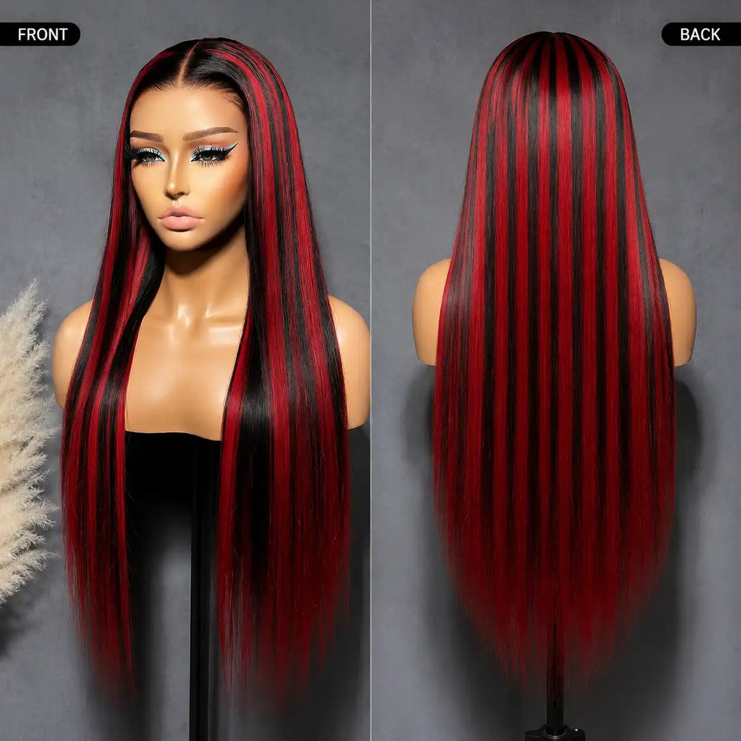 13x4 HD Transparent Lace Front Wig in 1B Burgundy Highlight Color