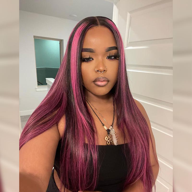 13x4 HD lace front Body Wave wig, Balayage Pink Violet Highlights