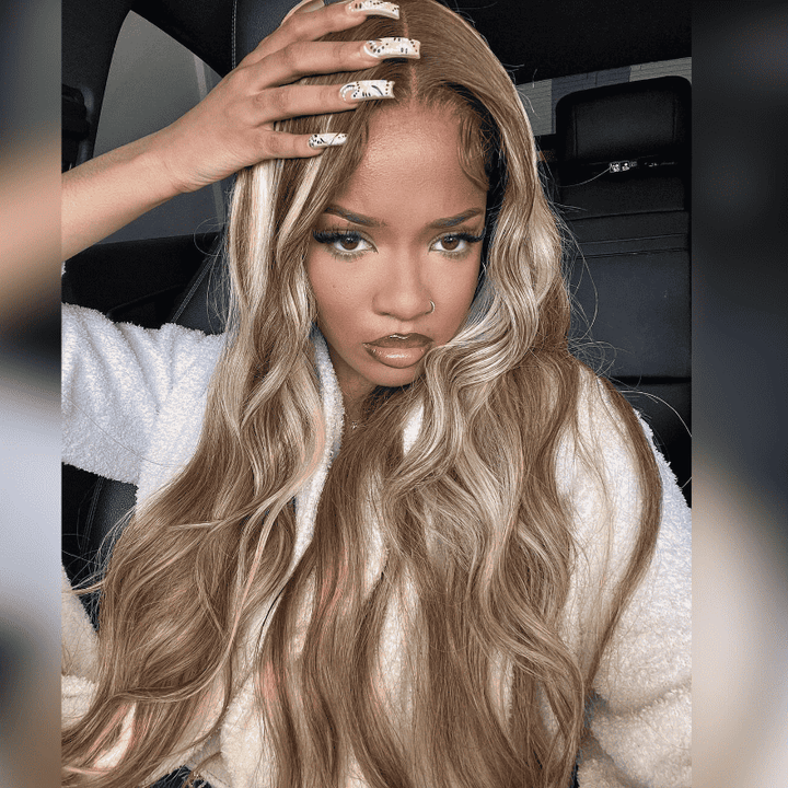 13x4 HD lace front Body Wave wig, Blonde Brown Highlights, 250% density