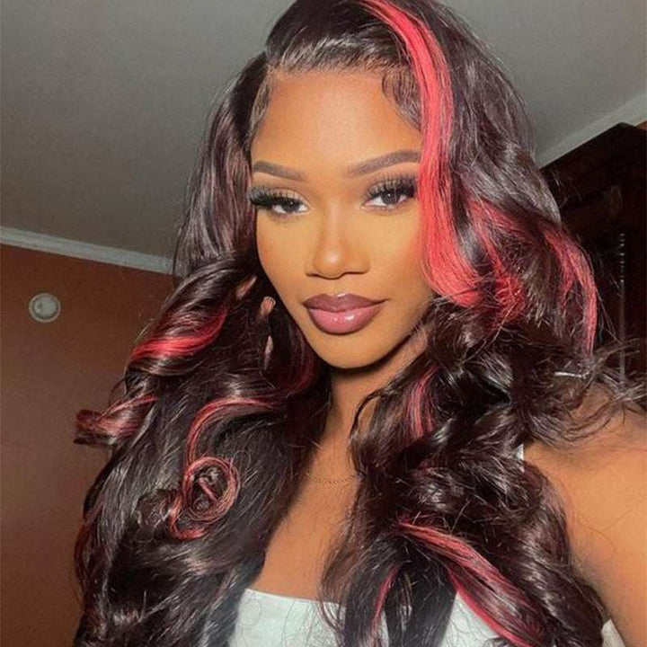 13x4 HD lace front Body Wave wig, Burgundy 99J Red Highlight, 180% density