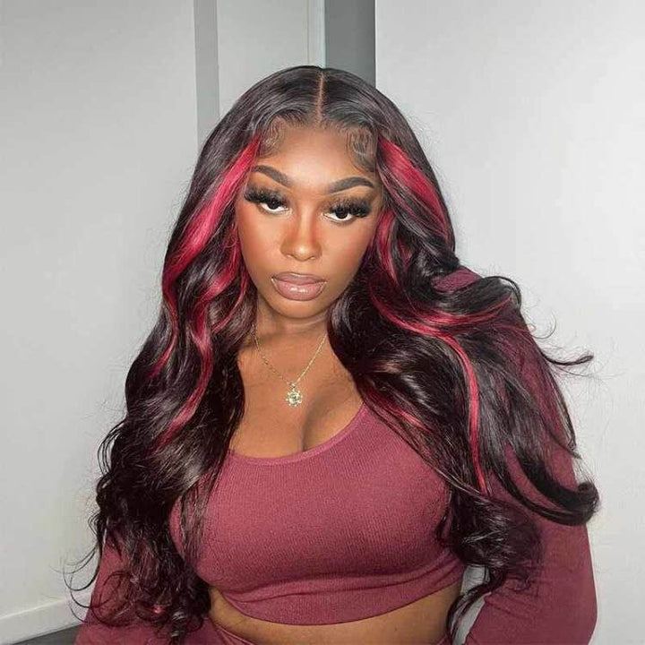 13x4 HD lace front Body Wave wig, Burgundy Highlight, 250% density