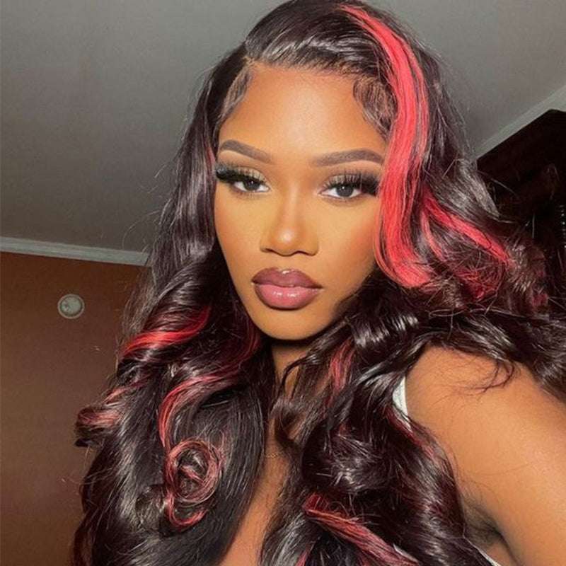 13x4 HD lace front Body Wave wig, Burgundy Red Highlight, beginner friendly