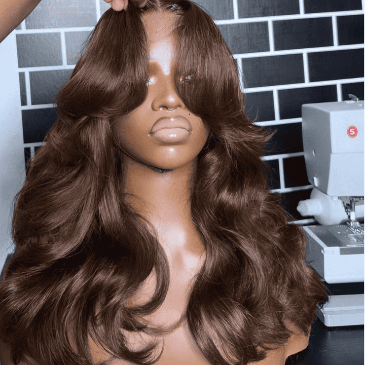 13x4 HD lace front Body Wave wig, Chocolate Brown #4, Curtain Bangs