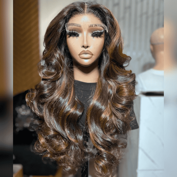 13x4 HD lace front Body Wave wig, Ginger On Brown Highlights, 250% density