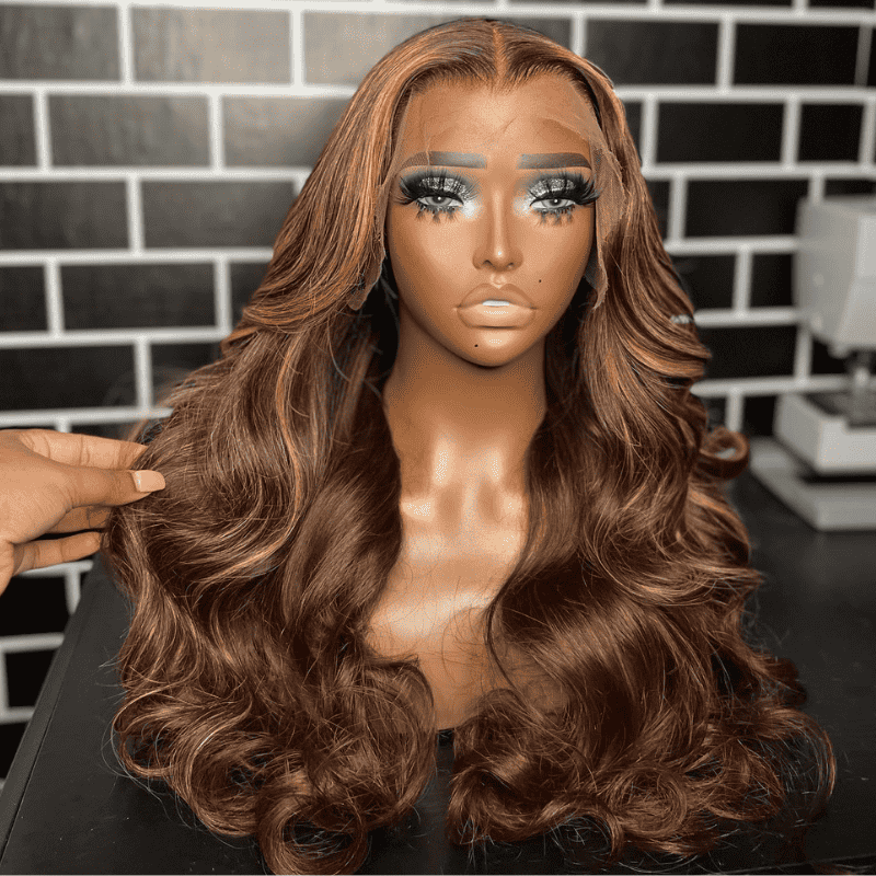 13x4 HD lace front Body Wave wig, Honey Blonde Chocolate Brown Highlights