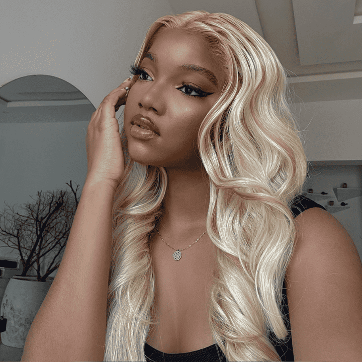 13x4 HD lace front Body Wave wig, Light Brown on Blonde Highlights
