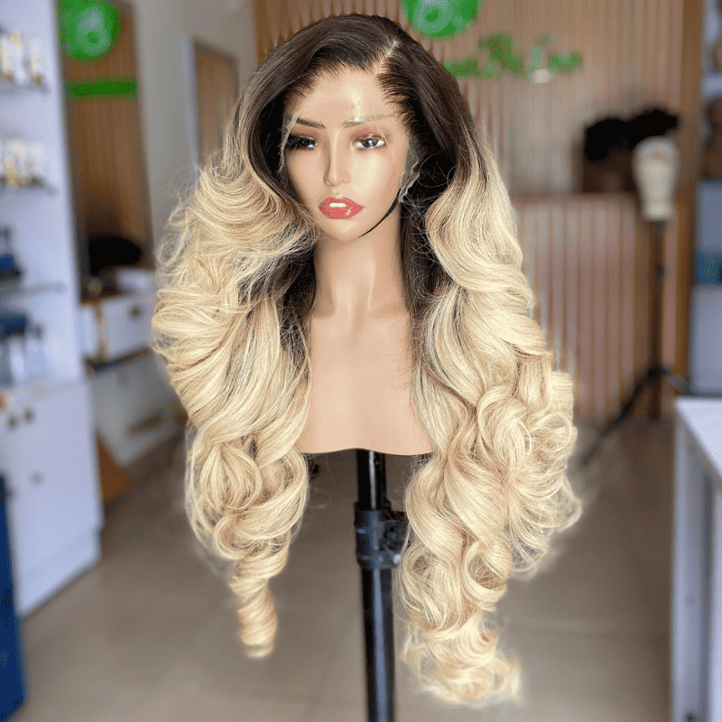 13x4 HD lace front Body Wave wig, Ombre Dark Brown Blonde, Balayage Highlights