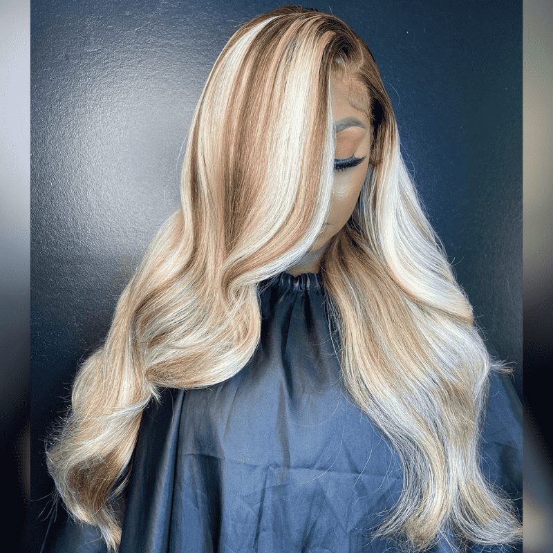 13x4 HD lace front Body Wave wig, Pink Brown On Blonde Highlights