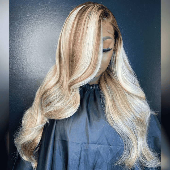 13x4 HD lace front Body Wave wig, Pink Brown On Blonde Highlights