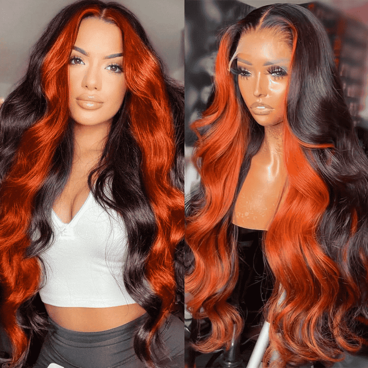 13x4 HD lace front Body Wave wig, Skunk Stripe Ginger color