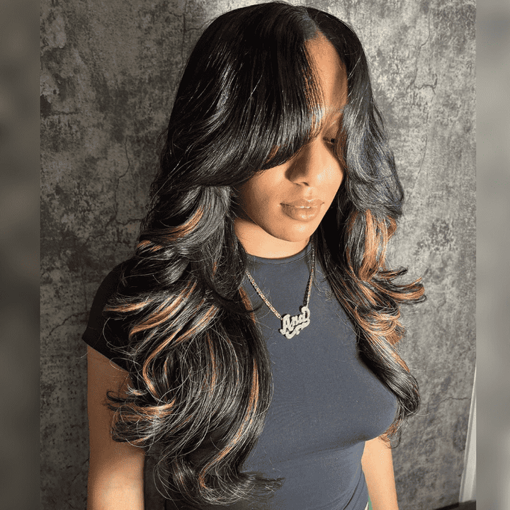 13x4 HD lace front Body Wave wig with Curtain Bangs and Brown Highlights