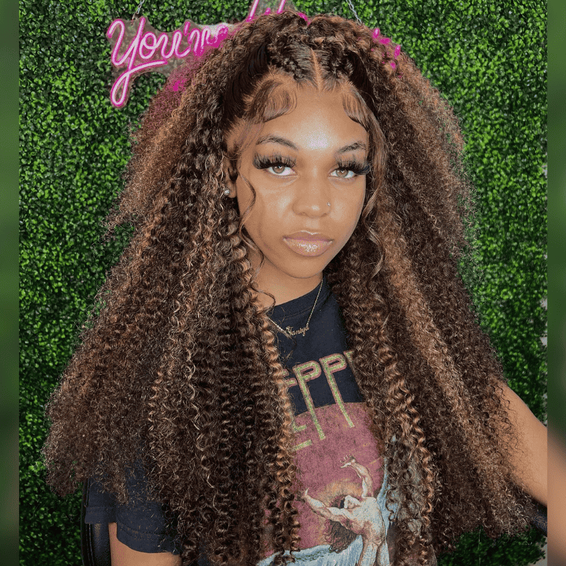 13x4 HD lace front Kinky Curly wig, Honey Blonde Brown Highlights, 300% density