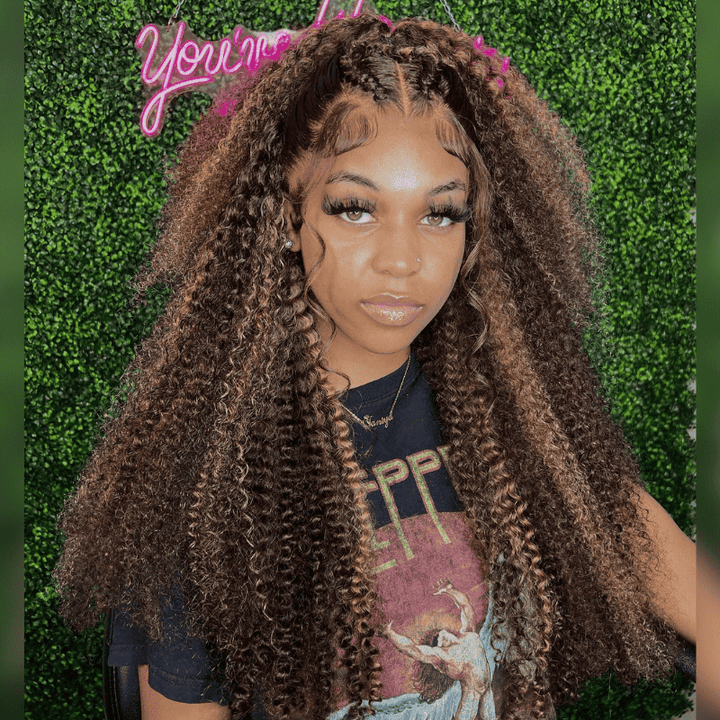 13x4 HD lace front Kinky Curly wig, Honey Blonde Brown Highlights, 300% density