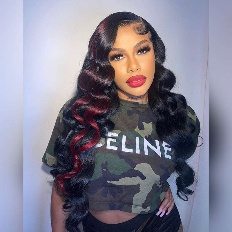 13x4 HD lace front Loose Deep Wave black wig, Red Highlights, 250% density