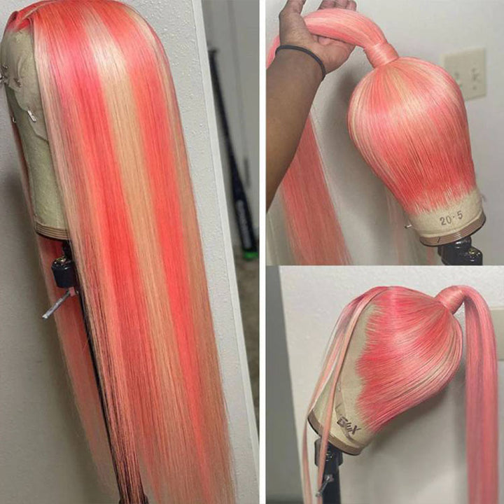 13x4 HD lace front Pink human hair wig, Blonde Highlights, straight texture