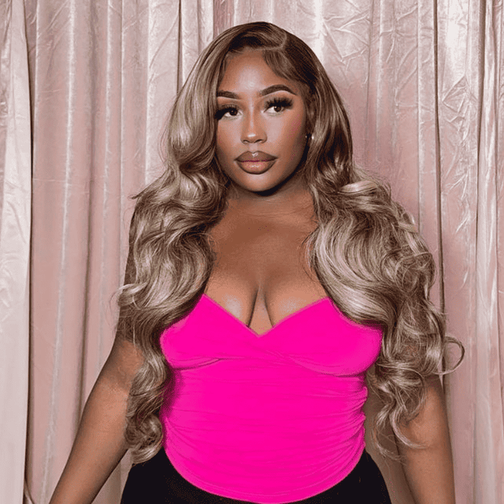 13x4 HD lace front body wave wig, Honey Blonde Brown Highlights, 250% density