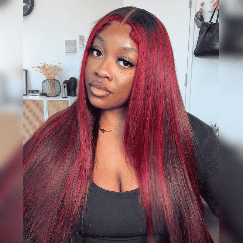 13x4 HD lace front straight human hair wig, Black with Burgundy Red Highlights