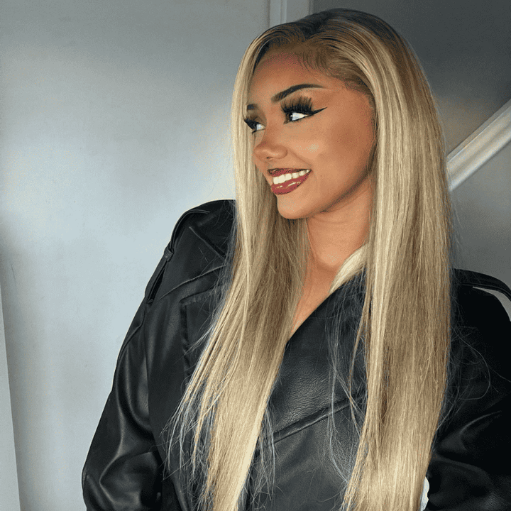 13x4 HD lace front straight human hair wig, Blonde Brown Highlights, 250% density