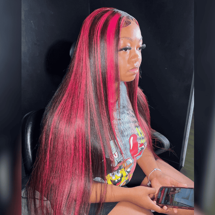 13x4 HD lace front straight wig, 1B Burgundy Highlight, natural hairline