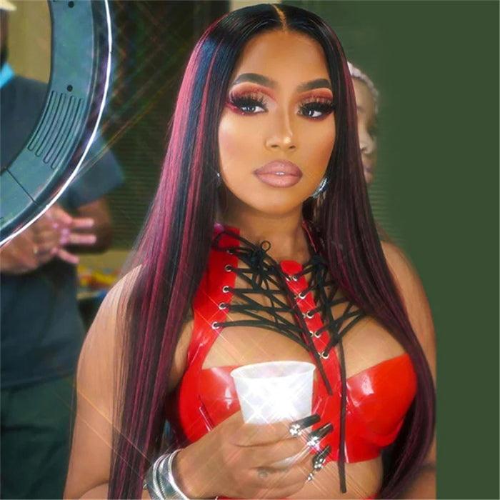 13x4 HD lace front straight wig, Burgundy Highlight, 200% 250% density