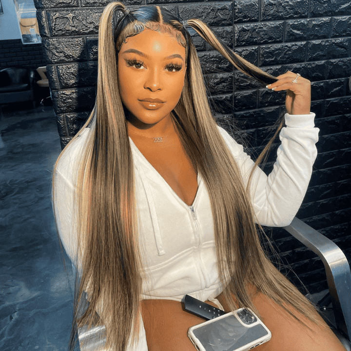 13x4 HD lace front straight wig, Balayage Brown Highlights, 250% density