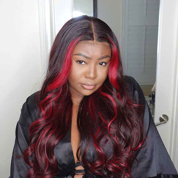 13x4 HD lace front wig, 180% density, Burgundy 99J Red Highlight Body Wave