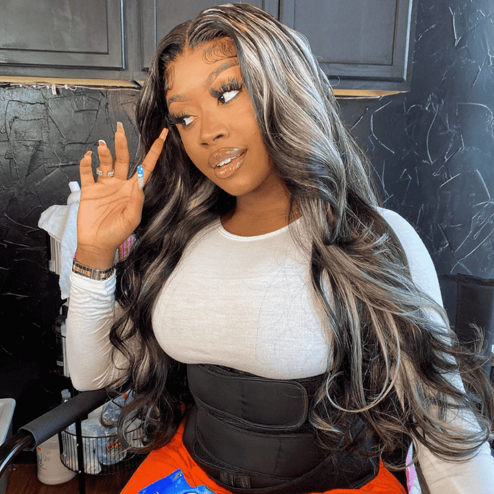 13x4 HD lace front wig, 250% density, Black and Blonde Highlights Body Wave