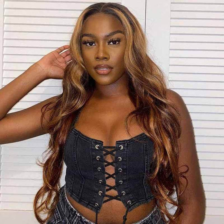 13x4 HD lace front wig, 4/27 Highlight Body Wave texture, 200% 250% density