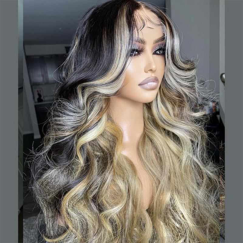 13x4 HD lace front wig, Balayage Highlights Black Blonde, natural hairline