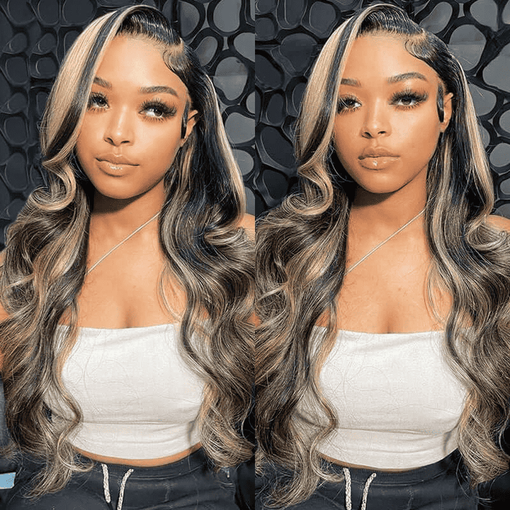 13x4 HD lace front wig, Balayage Highlights Black Blonde, straight and body wave