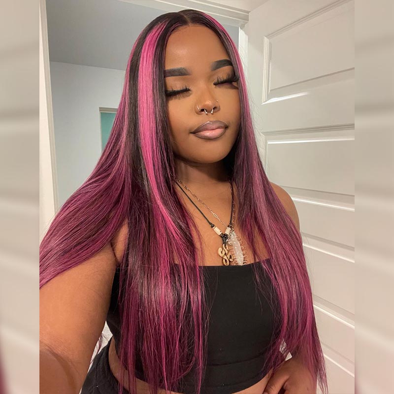 13x4 HD lace front wig, Balayage Pink Violet Highlights, 180% density