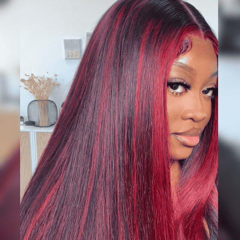 13x4 HD lace front wig, Black With Burgundy Red Highlights, 250% density