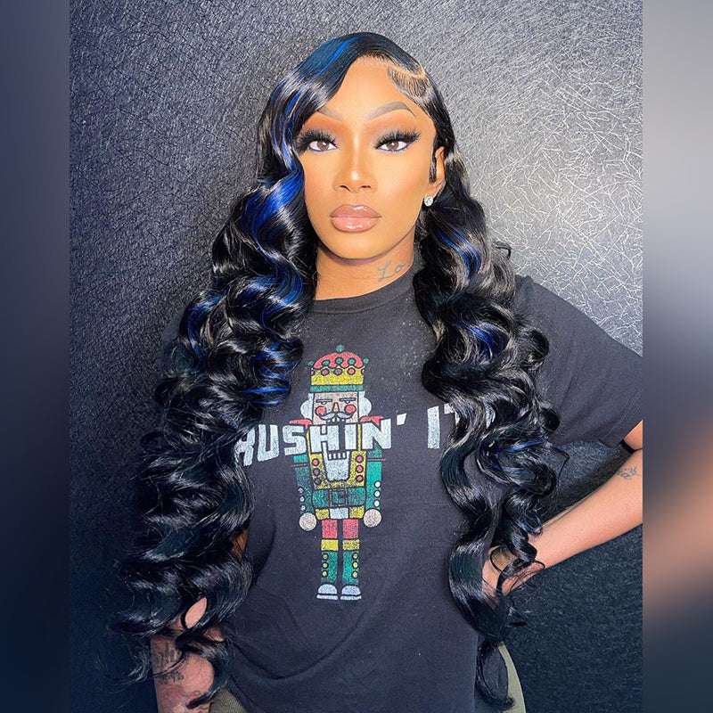 13x4 HD lace front wig, Blue Highlights and wand curls, 200% 250% 300% density