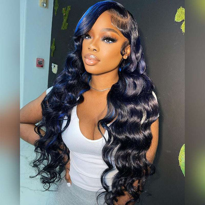 13x4 HD lace front wig, Blue Highlights and wand curls, loose deep wave style