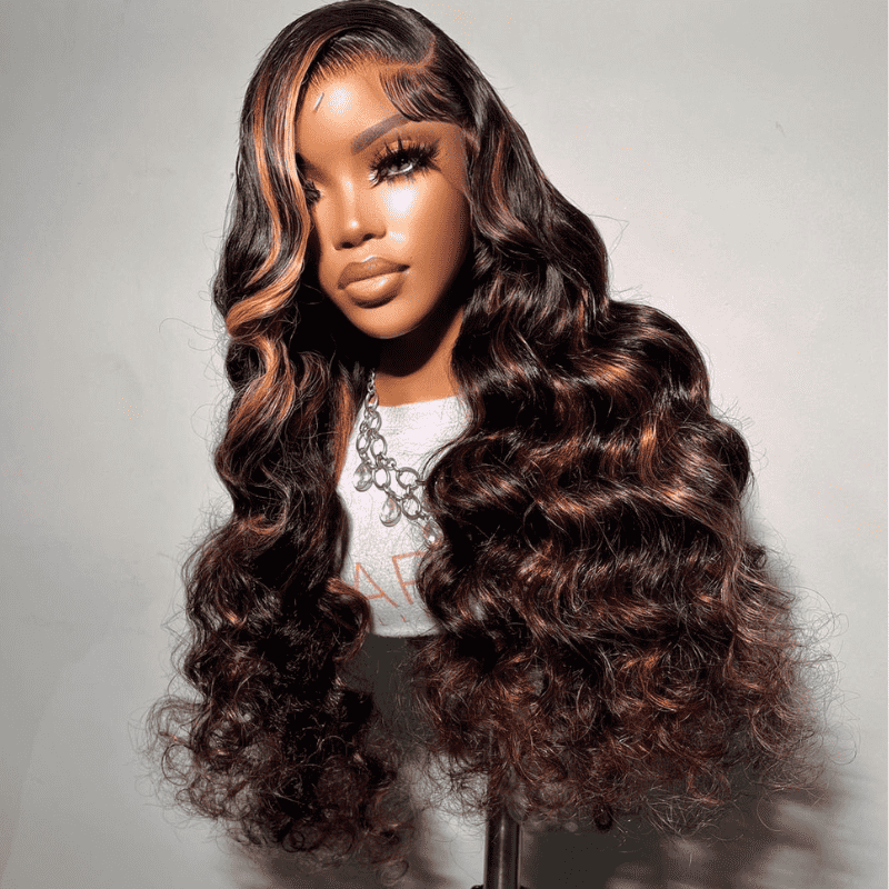 13x4 HD lace front wig, Brown Highlight Wand Curls, 250% high density